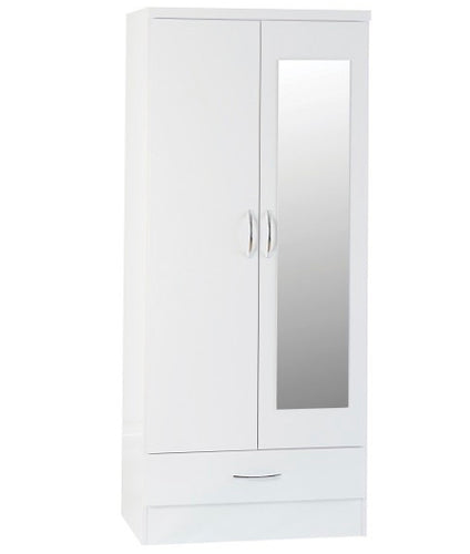 Nevada white 2 door one drawer mirrored robe